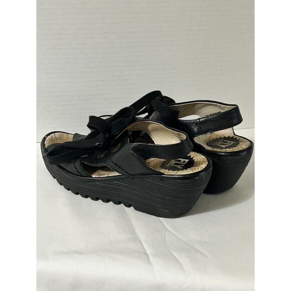 FLY London Black Leather Lace Up Wedge Sandals-YLVA Very Retro-Size 37 US 6.5/7 - Picture 3 of 6